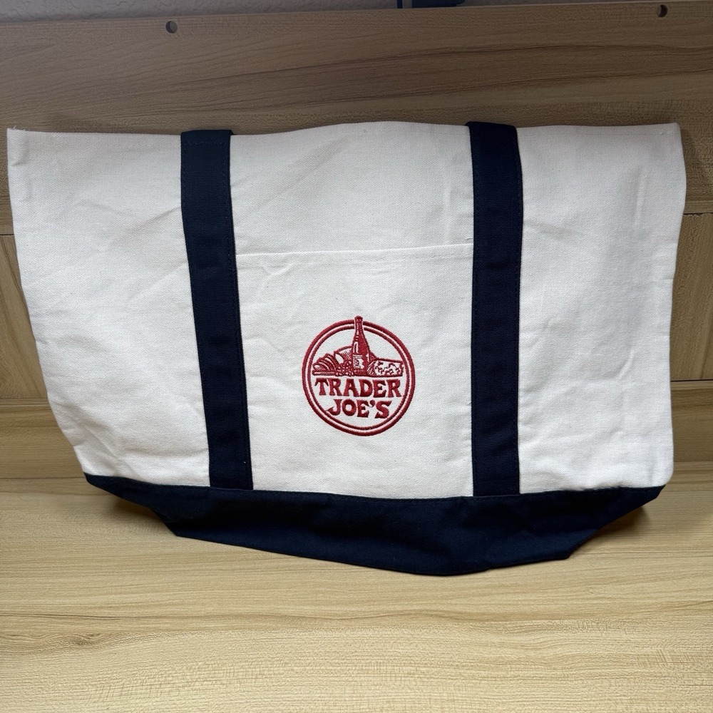 Trader Joes Large Canvas Tote Bag Navy Blue Reusable Grocery Shopper New